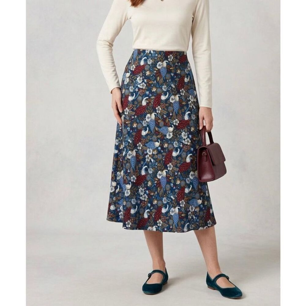 Loft Midi Skirt Pull On Floral Birds A line Silky Blue Red Large